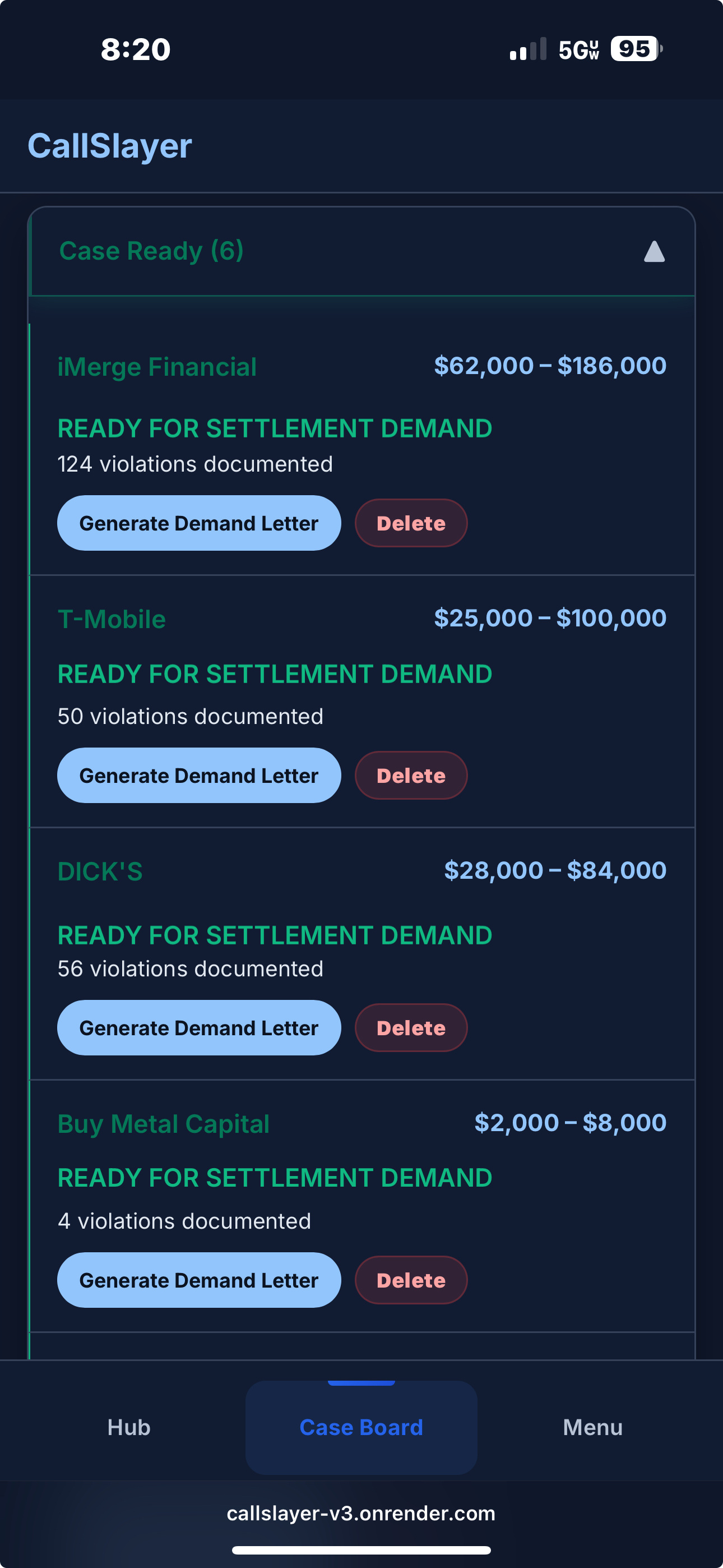 CallSlayer's case compilation interface showing organized TCPA violations with defendant information and settlement values